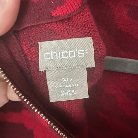 Chico's Women's XLP Red Tight Knit Camo Sweater Back Zipper Classic Colorful - Picture 3 of 8